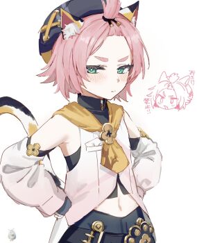 1girl animal_ear_fluff animal_ears bangs_pinned_back black_hat black_shorts blush cat_ears cat_girl cat_tail closed_mouth detached_sleeves diona_(genshin_impact) genshin_impact gloves green_eyes hands_on_own_hips hashtag-only_commentary hat highres midriff nijikun pink_hair short_hair shorts simple_background tail white_background
