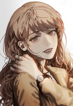 1girl :d aegyo_sal blackbox_(blackbox9158) brown_coat brown_eyes brown_hair coat grin hand_up highres long_hair looking_at_viewer omniscient_reader&#039;s_viewpoint open_mouth playing_with_own_hair shirt sidelocks smile solo third-party_source upper_body watch white_shirt wristwatch yoo_sangah