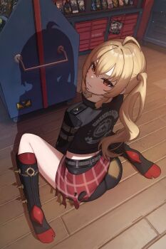 Rule 34 | 1girl, absurdres, ass, between legs, black boots, black jacket, black shorts, blonde hair, blush, boots, floor, from above, genkoubeya shig, hand between own legs, high heel boots, high heels, highres, indoors, jacket, long hair, looking at viewer, looking back, luciana de montefio, on floor, perspective, red eyes, shadow, shorts, side ponytail, sitting, solo, thighs, wariza, wooden floor, zenless zone zero