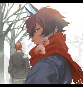 Rule 34 | arjuna (fate), arjuna alter (fate), ashwatthama (fate), bare tree, breath, brown eyes, brown hair, commentary request, dark-skinned male, dark skin, fate/grand order, fate (series), grey jacket, hair between eyes, highres, horns, jacket, kokujin youhei, letterboxed, outdoors, parted lips, red hair, red scarf, scarf, short hair, tree, winter