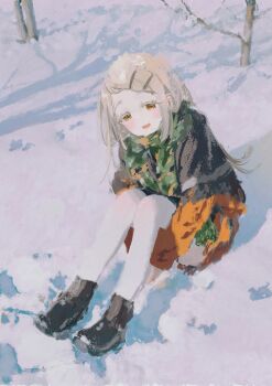 1girl absurdres arisu_syndrome black_boots black_dress blonde_hair blush boots chinese_commentary colored_eyelashes commentary_request dress ear_blush flipped_hair from_above full_body gakuen_idolmaster green_scarf hair_ornament hairclip highres hugging_own_legs idolmaster knees_up long_hair looking_at_viewer on_ground open_mouth orange_dress orange_eyes outdoors pantyhose parallel_hairclips prototype_design scarf shinosawa_hiro sitting smile snow solo two-tone_dress white_pantyhose winter