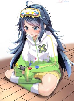 1girl absurdres ahoge artist_name black_hair blue_eyes blush breasts breath clothes_writing controller embarrassed english_text female_focus full_body fur-trimmed_legwear fur_trim game_controller green_socks have_to_pee highres holding holding_controller holding_game_controller hood hoodie indian_style inohara_koboshi jacket kneehighs long_hair long_sleeves michinoku_(michino934) multicolored_hoodie multicolored_jacket nose_blush on_floor ongeki open_mouth playing_games shiny_skin short_shorts shorts sidelocks signature sitting sleep_mask sleeves_past_fingers sleeves_past_wrists small_breasts socks solo sweat swept_bangs textless_version trembling v-shaped_eyebrows wooden_floor yellow_shorts zipper