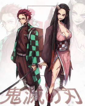 absurdres blood blood_on_clothes blood_on_face breasts brother_and_sister checkered_haori cleavage commentary earrings fangs full_body haori highres horns japanese_clothes jewelry kamado_nezuko kamado_tanjirou kimetsu_no_yaiba kimono long_hair multiple_views obi pink_eyes pink_kimono sash short_hair siblings side_slit single_horn smile stephengiannart tassel tassel_earrings