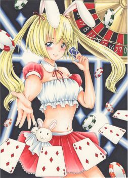 1girl absurdres animal_ears armband black_background blonde_hair blue_eyes blush card closed_mouth collar commentary_request cowboy_shot crop_top detached_collar fake_animal_ears frilled_tube_top frills hand_up highres holding holding_card long_hair marker_(medium) midori_(mira567) miniskirt navel neck_ribbon original outstretched_arm playing_card poker_chip rabbit_ears reaching reaching_towards_viewer red_armband red_ribbon red_skirt ribbon roulette_table skirt smile solo stomach strapless table traditional_media tube_top twintails white_collar white_tube_top wing_collar wispy_bangs