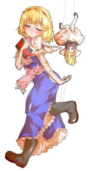 1girl alice_margatroid alphes_(style) blonde_hair blue_dress blush book boots bow brown_boots capelet commentary_request covering_ass covering_privates dairi defeat dress entangled full_body grimoire grimoire_of_alice hair_bow hairband hanging holding holding_book large_variant_set leg_up medium_hair parody puppet_strings red_hairband sash shanghai_doll solo style_parody tachi-e torn_clothes touhou transparent_background upside-down variant_set