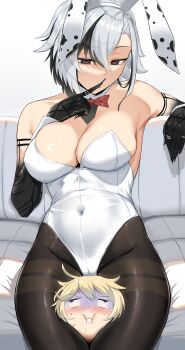 1boy 1girl absurdres aether_(genshin_impact) animal_ears arlecchino_(genshin_impact) asphyxiation bare_shoulders black_eyes blonde_hair blush bow bowtie breasts commentary couch covered_navel detached_collar drooling english_commentary fake_animal_ears femdom finger_to_mouth genshin_impact grey_hair hair_between_eyes hand_up head_between_thighs highleg highleg_leotard highres large_breasts leotard looking_down micchan_(micchanmeido) multicolored_hair on_couch pantyhose playboy_bunny rabbit_ears red_bow red_bowtie saliva scissorhold strapless strapless_leotard streaked_hair sweat symbol-shaped_pupils thighband_pantyhose white_leotard x-shaped_pupils