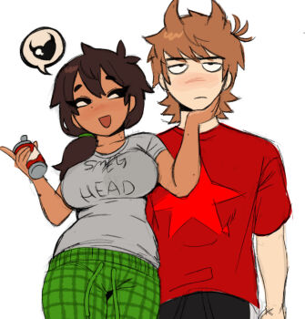 Rule 34 | 1boy, 1girl, :d, alternate skin color, antenna hair, black eyes, black pants, blush, breasts, brown hair, can, clothes writing, cola, commentary, dark-skinned female, dark skin, drawstring, drink can, eddsworld, ell (eddsworld), english commentary, flipped hair, frown, gingham pants, green pants, hair between eyes, hair ears, hand on another's chin, heart, height difference, hetero, highres, holding, holding can, jitome, large breasts, looking at another, low ponytail, official alternate costume, open mouth, pajama pants, pants, ponytail, print shirt, red shirt, rincloudd, shirt, short eyebrows, short hair, short sleeves, side ponytail, simple background, smile, spoken heart, star (symbol), star print, tan, tord (eddsworld), white background