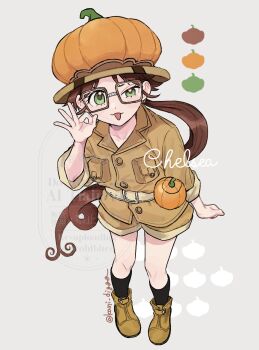 Rule 34 | 1girl, :3, belt, black socks, boots, breast pocket, brown-framed eyewear, brown hair, brown jacket, brown shorts, chelsea childe, color guide, dr. stone, food, fruit, full body, glasses, green eyes, grey background, hand up, hat, highres, jacket, kani diggy, long hair, looking at viewer, ok sign, open mouth, pocket, ponytail, pumpkin, pumpkin hat, shorts, simple background, smile, socks, solo, standing, twitter username, uneven eyes, very long hair, white belt