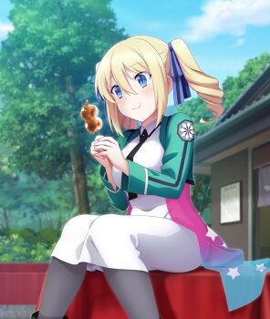 1girl :t angelina_kudou_shields black_boots black_necktie blonde_hair blue_eyes blue_ribbon blue_skirt blue_sky blush boots breasts building closed_mouth cloud dango day double-parted_bangs dress eating emblem first_high_school_uniform food game_cg green_shrug grey_pantyhose hair_ribbon hands_up knees_together_feet_apart large_breasts long_sleeves mahouka_koukou_no_rettousei medium_hair mitarashi_dango necktie official_art outdoors own_hands_together pantyhose pink_skirt print_skirt ribbon school_uniform see-through_skirt_layer shrug_(clothing) sidelocks sign sitting skirt sky smile solo star_(symbol) star_print striped_ribbon third-party_source toji_no_miko toji_no_miko:_kizamishi_issen_no_tomoshibi tree twintails wagashi wavy_mouth white_dress