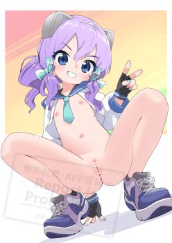 1girl bar_censor black_gloves blue_eyes blue_neckerchief blue_necktie blue_shoes bottomless censored cleft_of_venus fang fingerless_gloves flat_chest gloves grin jacket kantai_collection langley_(kancolle) loli long_sleeves looking_at_viewer low-tied_sidelocks medium_hair nassukun navel neckerchief necktie nipples parted_lips ponytail puffy_long_sleeves puffy_sleeves purple_hair pussy shoes sidelocks smile sneakers solo spread_legs squatting teeth v watermark white_jacket