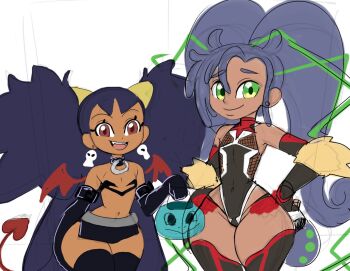 2girls alternate_costume brown_eyes cosplay dark-skinned_female dark_skin demon_wings disgaea ear_piercing earrings etna_(disgaea) etna_(disgaea)_(cosplay) green_eyes halloween_costume hand_on_own_hip hiplover iris_(pokemon) jewelry long_hair mizuki_yukikaze mizuki_yukikaze_(cosplay) multiple_girls new_pokemon_snap nintendo piercing pokemon pokemon_bw purple_hair rita_(pokemon) sketch skull_earrings smile taimanin_(series) thick_thighs thighs twintails wide_hips wings