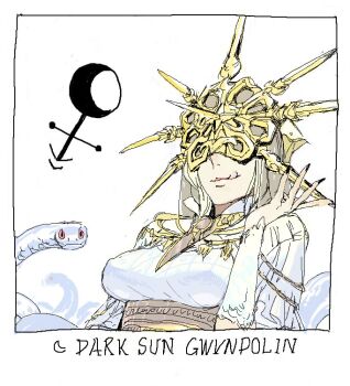 1boy arm_warmers black_nails blonde_hair breasts dark_souls_(series) dark_souls_i dark_sun_gwyndolin headpiece male_focus mars_symbol medium_breasts nail_polish sapysha short_sleeves snake solo tongue tongue_out trap upper_body white_snake
