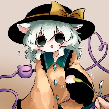 1girl :3 ? animal_ears black_eyes black_hat blush bow brown_background buttons cat_ears cat_tail cat_teaser commentary_request diamond_button frilled_shirt_collar frilled_sleeves frills gradient_background green_eyes green_hair hat hat_bow heart heart_of_string heripantomorrow holding_cat_teaser kemonomimi_mode komeiji_koishi looking_at_viewer medium_hair open_mouth pov pov_hands shirt solo tail third_eye touhou yellow_bow yellow_shirt