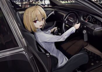 1girl 3books absurdres ahoge arcueid_brunestud blonde_hair blue_skirt boots brown_boots brown_pantyhose car car_interior chair clock commentary_request digital_clock driving gear_shift highres looking_at_viewer looking_back miniskirt motor_vehicle nissan_laurel pantyhose rear-view_mirror red_eyes short_hair sitting skirt smile solo speedometer steering_wheel sweater tsukihime tsukihime_(remake) turtleneck turtleneck_sweater white_sweater window