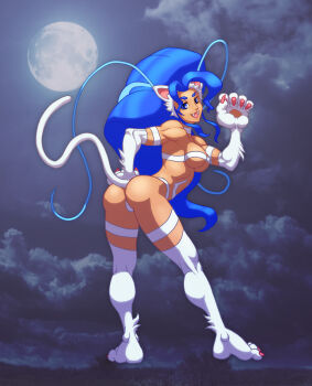 1girl animal_ears animal_hands ass ass_focus big_hair blue_eyes blue_hair body_fur breasts capcom cat_ears cat_girl cat_paws cat_tail claws cloud cloudy_sky commentary commentary_request covered_erect_nipples darkstalkers facing_away felicia_(darkstalkers) fighting_game fingernails full_body full_moon jiggeh looking_back moon muscular muscular_female open_mouth sharp_fingernails sharp_teeth sharp_toenails sky solo tail teeth toenails toned toned_female waving white_fur