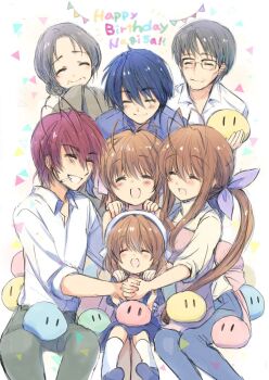 Rule 34 | 3boys, 4girls, antenna hair, blue hair, brown hair, cigarette, clannad, commentary request, dango daikazoku, closed eyes, family, father and daughter, father and son, feet out of frame, furukawa akio, furukawa nagisa, furukawa sanae, glasses, grandfather and granddaughter, grandmother and granddaughter, grandmother and grandson, happy birthday, husband and wife, izumi rei, long hair, mother and daughter, mother and son, mouth hold, multiple boys, multiple girls, okazaki naoyuki, okazaki shino, okazaki tomoya, okazaki ushio, old, old woman, ponytail, short hair, sitting, white background