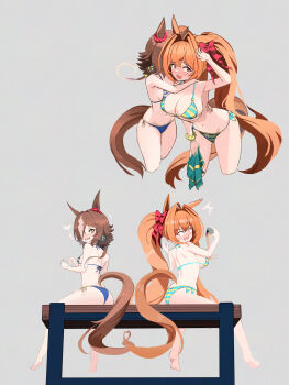 2girls ^^^ absurdres arm_around_neck ass back barefoot bikini blush bow breasts brown_hair colored_inner_hair commentary_request constricted_pupils cropped_legs cup daiwa_scarlet_(umamusume) drink ear_scrunchie fang from_behind full_body gluteal_fold grey_hair groin hair_bow hair_intakes hair_over_one_eye hand_on_another's_waist highres hug intertwined_tails large_breasts leaning_forward legs_apart long_hair looking_back magett multicolored_hair multiple_girls multiple_views navel nose_blush open_mouth orange_hair ponytail red_bow red_eyes red_scrunchie scrunchie side-tie_bikini_bottom sideboob sitting skin_fang small_breasts soles spilling standing stomach striped_bikini striped_clothes surprised swimsuit twintails two-tone_hair umamusume underboob very_long_hair vodka_(umamusume) yellow_eyes yuri