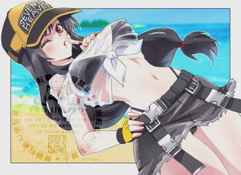 Rule 34 | 1girl, baseball cap, beach, belt, bikini, bikini under clothes, black bikini, black hair, blurry, blurry background, blush, breasts, costa del sol, cowboy shot, denim, denim skirt, final fantasy, final fantasy vii, final fantasy vii: ever crisis, finger to mouth, fingerless gloves, frayed skirt, gloves, grey skirt, hand on own hip, hat, highleg, highleg bikini, index finger raised, large breasts, lifeguard, long hair, looking at viewer, low-tied long hair, midriff, mixed-language commentary, navel, ocean, official alternate costume, one eye closed, outside border, red eyes, sand, see-through clothes, see-through shirt, shikiwo, shirt, shushing, skirt, solo, stomach, swimsuit, tied shirt, tifa lockhart, tifa lockhart (lifeguard), wet, wet clothes, wet shirt, white shirt, yellow gloves
