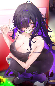 1girl absurdres black_dress black_hair breasts can cleavage collarbone colored_inner_hair dress glasses goddess_of_victory:_nikke hair_over_one_eye highres holding holding_can label_(nikke) large_breasts long_hair mole mole_on_breast multicolored_hair purple_eyes purple_hair smile solo squatting streaked_hair toge0toge0 two-tone_hair v