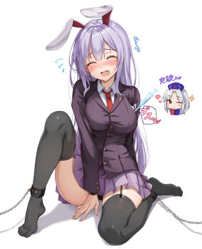 1girl ;) adapted_costume amagi_(amagi626) animal_ears black_jacket black_thighhighs blazer blush breasts buttons chained_legs chibi chibi_inset closed_eyes closed_mouth collared_shirt commentary_request dress_shirt eyelashes facing_viewer feet flying_sweatdrops full_body furrowed_brow garter_straps heart highres injection jacket large_breasts long_hair miniskirt necktie nervous no_shoes nose_blush one_eye_closed open_mouth paid_reward_available pleated_skirt purple_hair purple_skirt rabbit_ears rabbit_girl red_necktie reisen_udongein_inaba school_uniform shirt simple_background skirt smile solo sparkle speech_bubble spoken_sound_effect straight_hair syringe tearing_up thighhighs thighs tiptoes toes touhou translation_request variant_set very_long_hair wavy_mouth white_background white_shirt yagokoro_eirin zettai_ryouiki