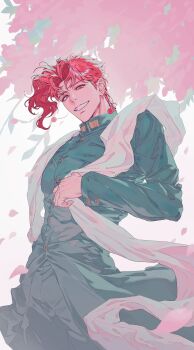 1boy absurdres cherry_blossoms dangsineun_meotjyeo! earrings gakuran hashtag-only_commentary highres jewelry jojo_no_kimyou_na_bouken kakyoin_noriaki male_focus petals purple_eyes red_hair scarf school_uniform solo stole white_scarf