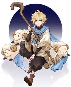 1boy :d ahoge animal baggy_pants bead_necklace beads black_pants black_shirt black_sleeves blonde_hair blue_eyes blue_scarf boots brown_boots brown_bracelet curly_hair earrings feather_earrings feathers full_body gold_trim hair_between_eyes hand_on_cane hand_on_own_leg jewelry knee_up layered_sleeves long_sleeves looking_at_viewer male_focus necklace open_mouth original outside_border pants scarf sheep shepherd shepherd&#039;s_crook shiromine_kana shirt short_hair sitting sky sleeves_past_wrists smile solo star_(sky) starry_sky tunic turtleneck watermark white_tunic wide_sleeves wool
