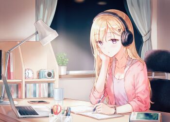 1girl alarm_clock analog_clock ayase_saki blonde_hair book boxcutter bracelet breasts camera chair cleavage clock collarbone commentary_request computer cup curtains desk_lamp gimai_seikatsu head_rest headphones highres hiten_(hitenkei) indoors jacket jewelry lamp laptop long_hair mug night official_art on_chair open_clothes open_jacket pen_holder phone photo_(object) pink_jacket purple_eyes ruler scissors second-party_source shelf shirt sitting three-quarter_sleeves small_breasts solo studying upper_body white_shirt window writing