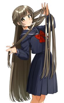 1girl asuka_gin blue_serafuku blue_skirt blush bow bowtie brown_eyes brown_hair commentary_request feet_out_of_frame highres holding long_hair long_skirt long_sleeves looking_at_viewer midriff_peek original parted_lips pleated_skirt red_bow sailor_collar school_uniform serafuku simple_background skirt solo standing very_long_hair white_background