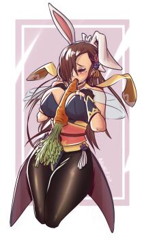 blush breasts breasts_squeezed_together brown_hair carrot closed_eyes drooling fire_emblem fire_emblem_fates fire_emblem_heroes hair_over_one_eye kagero_(fire_emblem) large_breasts mrkashkiet ninja nintendo object_between_breasts official_alternate_costume one_eye_covered playboy_bunny ponytail rabbit_ears sexually_suggestive
