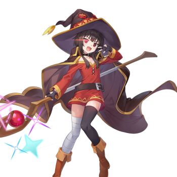 1girl bandaged_leg bandages belt black_gloves black_thighhighs boots brown_belt brown_boots brown_capelet brown_hair brown_hat capelet dress fingerless_gloves fold-over_boots gloves glowing glowing_eye hat holding holding_staff kono_subarashii_sekai_ni_shukufuku_wo! looking_at_viewer mage_staff megumin official_art open_mouth ragnador red_dress red_eyes short_dress short_hair_with_long_locks simple_background single_thighhigh smile solo staff thighhighs transparent_background witch_hat