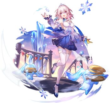 1girl :d bare_shoulders blue_bow blue_bowtie blue_dress blue_eyes blue_nails blue_shoes bow bowtie breasts bunting clothing_cutout colored_tips crystal detached_sleeves diorama dot_nose dress dusk floating_clothes floating_hair food footwear_bow game_cg garter_straps hair_between_eyes hand_up hands_up highres holding honkai:_star_rail honkai_(series) jewelry leg_up looking_to_the_side march_7th_(honkai:_star_rail) march_7th_(nascent_spring)_(honkai:_star_rail) medium_breasts medium_hair multicolored_eyes multicolored_hair multicolored_nails nail_polish non-web_source official_alternate_costume official_art open_hand open_mouth outdoors pink_eyes pink_hair pink_nails pleated_dress pump purple_dress purple_sleeves rabbit shoes short_dress sideways_glance smile snowflakes solo stairs thighhighs tiara transparent_background two-tone_eyes two-tone_nails white_bow white_thighhighs