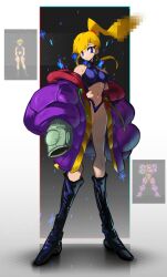 1girl adapted_costume arm_cannon bare_shoulders bikini black_bikini black_boots blonde_hair blue_eyes boots breasts chromatic_aberration coat crop_top full_body gravity_suit_(metroid) green_visor hair_tie halterneck highres knee_boots large_breasts long_eyelashes long_legs loose_clothes metroid navel nintendo pixel_art pixelated ponytail power_suit_(metroid) puffy_coat samus_aran shakeeeeeeeee solo standing super_metroid swimsuit varia_suit weapon