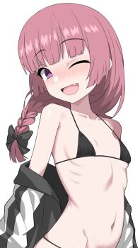 1girl bare_shoulders bikini black_bikini blunt_bangs blush bocchi_the_rock! braid breasts clothes_down commentary_request fang halulu highres hiroi_kikuri jacket long_hair looking_at_viewer navel one_eye_closed open_clothes open_jacket open_mouth pink_hair purple_eyes simple_background single_braid small_breasts smile solo swimsuit upper_body white_background