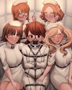 5girls absurdres blonde_hair blush bodysuit bound bound_arms bound_legs brown_eyes brown_hair dankestofdans gag gag_harness gagged hat highres holding holding_syringe licking_lips looking_at_viewer multiple_girls niijima_makoto nurse nurse_cap okumura_haru orange_hair padded_walls panel_gag persona persona_5 sakura_futaba shadow_(persona) smile straitjacket syringe takamaki_anne tongue tongue_out twintails variant_set white_bodysuit yellow_eyes yoshizawa_kasumi yuri