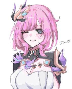 1girl ;) black_shrug breasts cleavage commentary_request elf elysia_(honkai_impact) elysia_(miss_pink_elf)_(honkai_impact) hair_ornament honkai_(series) honkai_impact_3rd large_breasts long_hair looking_at_viewer one_eye_closed pink_hair pointy_ears shrug_(clothing) simple_background smile solo translation_request upper_body white_background zk0u2