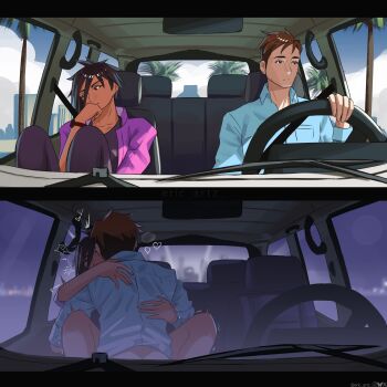 1boy 1girl absurdres artist_name black_hair brown_hair car collared_shirt couple dark-skinned_female dark_skin dispatch eric_tran highres invisigal_(dispatch) motor_vehicle robert_robertson sex shirt signature twitter_username