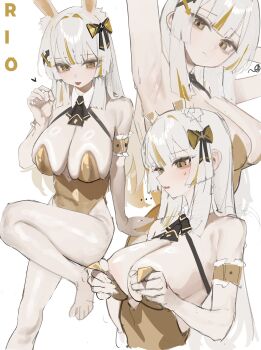 Rule 34 | ..., 1girl, absurdres, animal ear fluff, animal ears, arm garter, armpits, arms behind head, arms up, bare arms, bare legs, bare shoulders, barefoot, black survival, bow, bowtie, breasts, character name, cleavage, closed mouth, detached collar, embarrassed, eternal return: black survival, expressionless, feet, hair bow, hair ornament, hand up, highleg, highleg leotard, highres, knee up, large breasts, leotard, long hair, looking at viewer, minami rio, minami rio (winning shot), multicolored hair, multiple views, official alternate costume, playboy bunny, rabbit ears, skindentation, spaghetti strap, strapless, strapless leotard, streaked hair, sweat, thighs, tongue, tongue out, very long hair, wardrobe malfunction, wavy mouth, white hair, x hair ornament, yellow eyes, yellow leotard, yonchan