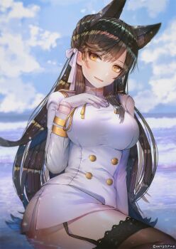 1girl aengdohwa animal_ears arm_support ass atago_(azur_lane) azur_lane bad_id bad_twitter_id black_hair black_thighhighs blue_sky blush breasts brown_eyes buttons closed_mouth cloud day double-breasted epaulettes fang female_focus fox_ears garter_straps gloves hair_ornament hair_over_shoulder hair_ribbon half-closed_eyes hand_on_own_chest head_tilt high_collar highres jacket lace lace-trimmed_legwear lace_trim large_breasts light_particles long_hair looking_at_viewer makeup military military_uniform mole mole_under_eye ocean parted_lips pencil_skirt ribbon sitting sitting_on_water skirt sky smile solo sparkle static swept_bangs thighhighs thighs twisted_torso twitter_username very_long_hair water water_drop wet white_gloves white_jacket white_ribbon white_skirt yokozuwari
