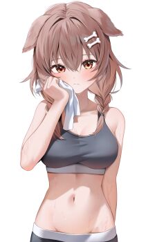 1girl absurdres animal_ears arm_at_side blush braid breasts brown_eyes brown_hair cleavage closed_mouth collarbone commentary_request crossed_bangs dog_ears expressionless grey_panties grey_sports_bra groin hair_between_eyes hand_up highres holding holding_towel hololive inugami_korone large_breasts long_hair looking_at_viewer low-braided_long_hair low-tied_long_hair low_twintails navel panties shuvi_(shuvi1125) simple_background solo sports_bra sports_panties standing stomach straight-on sweat towel twintails underwear underwear_only upper_body virtual_youtuber white_background wiping_face wiping_sweat