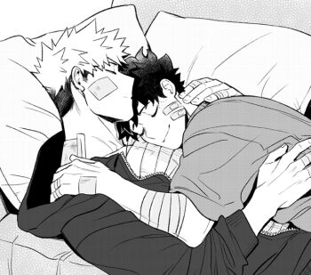 Rule 34 | 2boys, 5mll3, bakugou katsuki, bandaged arm, bandaged chest, bandaged fingers, bandages, bandaid, bandaid on cheek, bandaid on face, boku no hero academia, closed eyes, cuddling, gauze, gauze on cheek, gauze on neck, greyscale, hand on another's back, hand on another's shoulder, hood, hooded jacket, injury, jacket, lying, lying on person, male focus, midoriya izuku, monochrome, multiple boys, on back, open clothes, open jacket, pillow, shirt, short hair, short sleeves, spiked hair, unzipped, upper body, yaoi