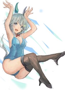 1girl animal_ears black_thighhighs blue_eyes blue_leotard blush bow bowtie breasts cleavage detached_collar ear_covers flower grey_hair hair_between_eyes hair_flower hair_ornament hairclip high_heels horse_ears horse_girl horse_tail leotard looking_at_viewer open_mouth playboy_bunny red_bow red_bowtie seiun_sky_(umamusume) short_hair single_ear_cover small_breasts smile solo sunflower sunflower_hair_ornament tail thighhighs umamusume yanagi_wakana