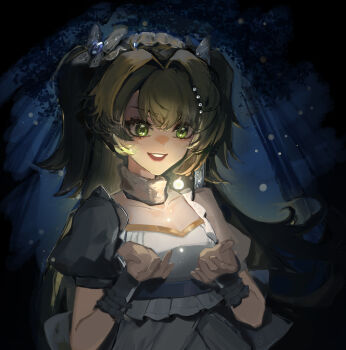 1girl :d blonde_hair dress fireflies glowing green_eyes hands_up highres looking_at_hand night open_mouth puffy_short_sleeves puffy_sleeves reverse:1999 short_sleeves smile solo sotheby teeth torianana tree twintails two_side_up upper_body upper_teeth_only white_dress