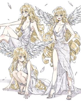 1girl alternate_costume bare_shoulders blonde_hair blue_eyes breasts chimoart cleavage commentary_request dress drill_hair earrings eyes_visible_through_hair full_body genshin_impact hair_between_eyes hands_on_own_hips high_heel_sandals high_heels highres jewelry korean_commentary long_hair medium_breasts metal_wings multiple_views navia_(genshin_impact) sandals signature sitting sleeveless sleeveless_dress squatting standing very_long_hair white_background white_dress wings