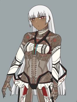 1girl absurdres altera_(fate) android artificial_vagina bandeau bare_shoulders biomechanical blunt_bangs breasts bright_pupils choker commentary cowboy_shot dark-skinned_female dark_skin detached_sleeves english_commentary expressionless fate/grand_order fate_(series) grey_background highres joints kaguracanvas long_hair looking_at_viewer lungs mechabare mechanical_pussy mechanical_spine midriff navel patterned_clothing red_eyes revealing_clothes ribbon_choker robot_girl robot_joints robot_skeleton see-through_body sex_toy small_breasts solo strapless tube_top variant_set veil white_bandeau white_choker white_hair white_pupils white_sleeves