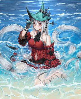 Rule 34 | 1girl, absurdres, arknights, ascot, bare shoulders, black ascot, blue hat, blush, breasts, closed mouth, clothing cutout, detached sleeves, dress, frilled ascot, frills, full body, gloves, hair between eyes, hand up, hat, highres, infection monitor (arknights), kafu (kafu6416), leg ribbon, long hair, looking at viewer, low-tied long hair, medium breasts, navel, navel cutout, partially submerged, red dress, red eyes, ribbon, sitting, skadi (arknights), skadi the corrupting heart (arknights), solo, very long hair, wariza, water, waves, white hair, wide sleeves