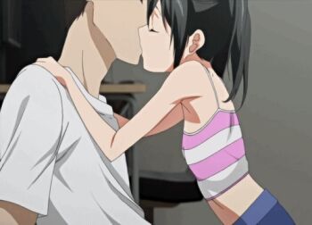 1boy 1girl age_difference animated animated_gif bare_shoulders black_hair closed_eyes desk french_kiss hetero indoors kiss loli lowres midriff ponytail sadako_(toshi_densetsu_series) shirt sitting sitting_on_lap sitting_on_person skirt striped_clothes striped_shirt tank_top toshi_densetsu_series twintails