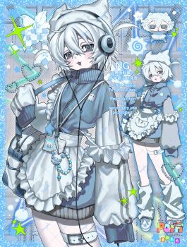 1girl androgynous animal_hat apron bag belt blue_eyes blue_track_suit cat_hat chibi chibi_inset commentary commission cowboy_shot fang flower frilled_apron frills hair_between_eyes hat headphones heart highres holding holding_bag holding_phone jersey_maid leg_warmers lily_(flower) looking_at_viewer maid multiple_views open_mouth original phone poin_(goruchopame) sample_watermark shoes short_hair shoulder_bag skeb_commission sleeves_past_fingers sleeves_past_wrists sparkle thigh_belt thigh_strap track_suit unconventional_maid waist_apron watermark watermark_grid white_apron white_bag white_hat white_leg_warmers white_shoes zipper zipper_pull_tab