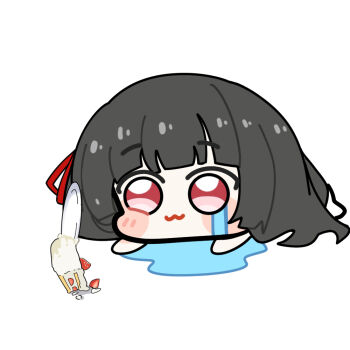 1girl black_hair cake chibi chibi_only chisa_(wuthering_waves) closed_mouth commentary crying food hair_ribbon long_hair plate red_eyes red_ribbon ribbon simple_background solo spill streaming_tears symbol-only_commentary tears twomoon white_background wuthering_waves
