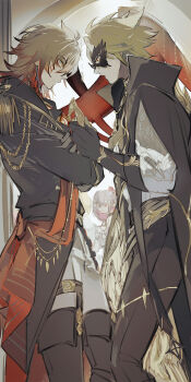 2boys 2girls aglaea_(honkai:_star_rail) aiguillette alternate_costume black_boots black_coat black_gloves black_pants blonde_hair boots braid castorice_(honkai:_star_rail) chinese_commentary coat commentary_request crossed_arms elbow_gloves facial_tattoo from_side gloves gradient_hair highres holding holding_mask honkai:_star_rail honkai_(series) male_focus mask medium_hair mississipping multicolored_hair multiple_boys multiple_girls mydei_(honkai:_star_rail) neck_tattoo pants phainon_(honkai:_star_rail) phainon_(khaslana)_(honkai:_star_rail) profile red_hair red_tattoo shirt short_hair side_braid spiked_hair tattoo unworn_mask white_pants white_shirt yellow_eyes