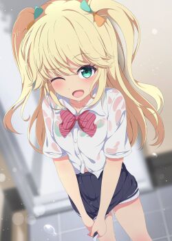 1girl ;d black_skirt blonde_hair blurry blush bow bra bra_visible_through_clothes breasts commission depth_of_field fujisawa_yuzu green_eyes hair_bow highres lida_vv long_hair looking_at_viewer one_eye_closed ongeki open_mouth pleated_skirt rain school_uniform see-through_clothes shirt short_sleeves skirt smile solo standing two_side_up underwear water_drop wet wet_clothes wet_shirt white_shirt